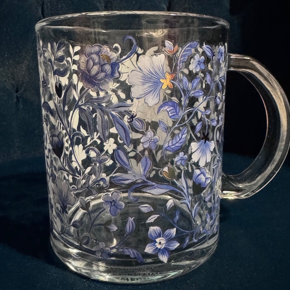 Clementine Paper Blue Floral Glass Coffee Mug Botanical Pattern NWT - Picture 2 of 4